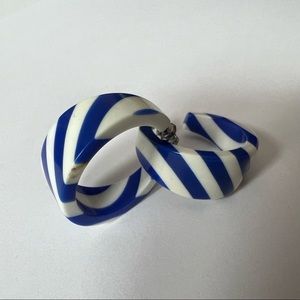 Blue and White Striped Plastic Hoop Earrings